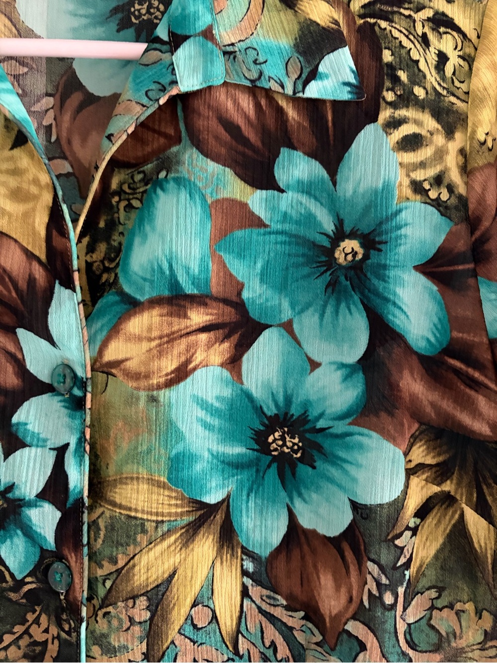 Vintage  Floral Teal / brown/ tan button front light weight shirt